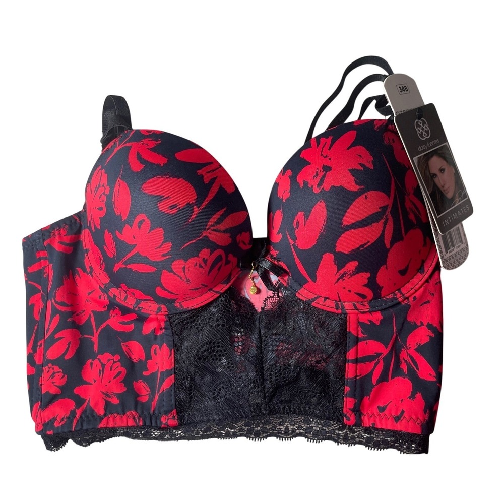 Daisy Fuentes Intimates Red Floral Longline Push Up Bra 34B Black Lace Trim NEW